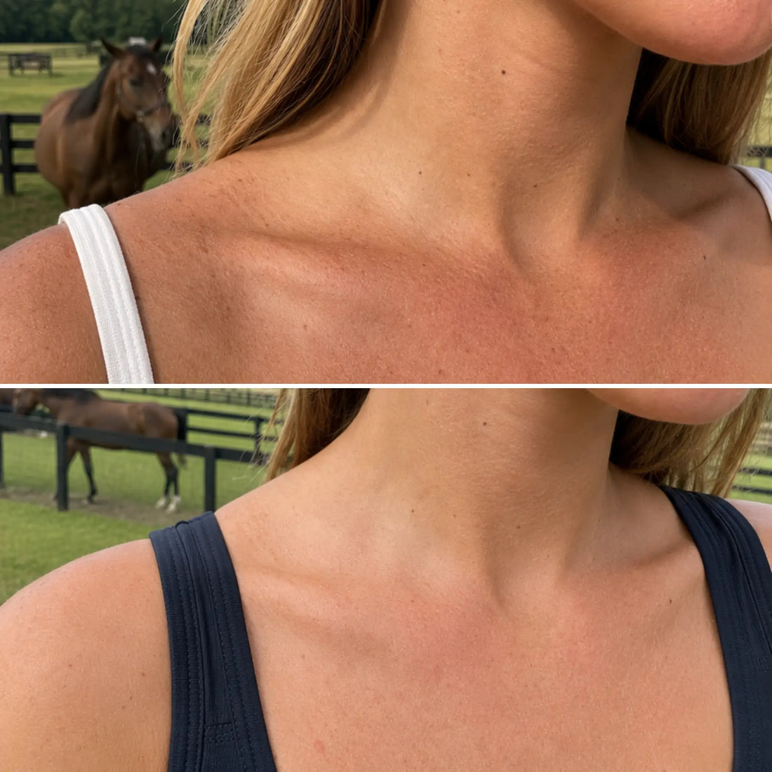 The comparison of an equestrian's shoulder and neck area before and after use CoBa's Daughter Coffee Exfoliator in 6 weeks. Setting in a horse ranch.