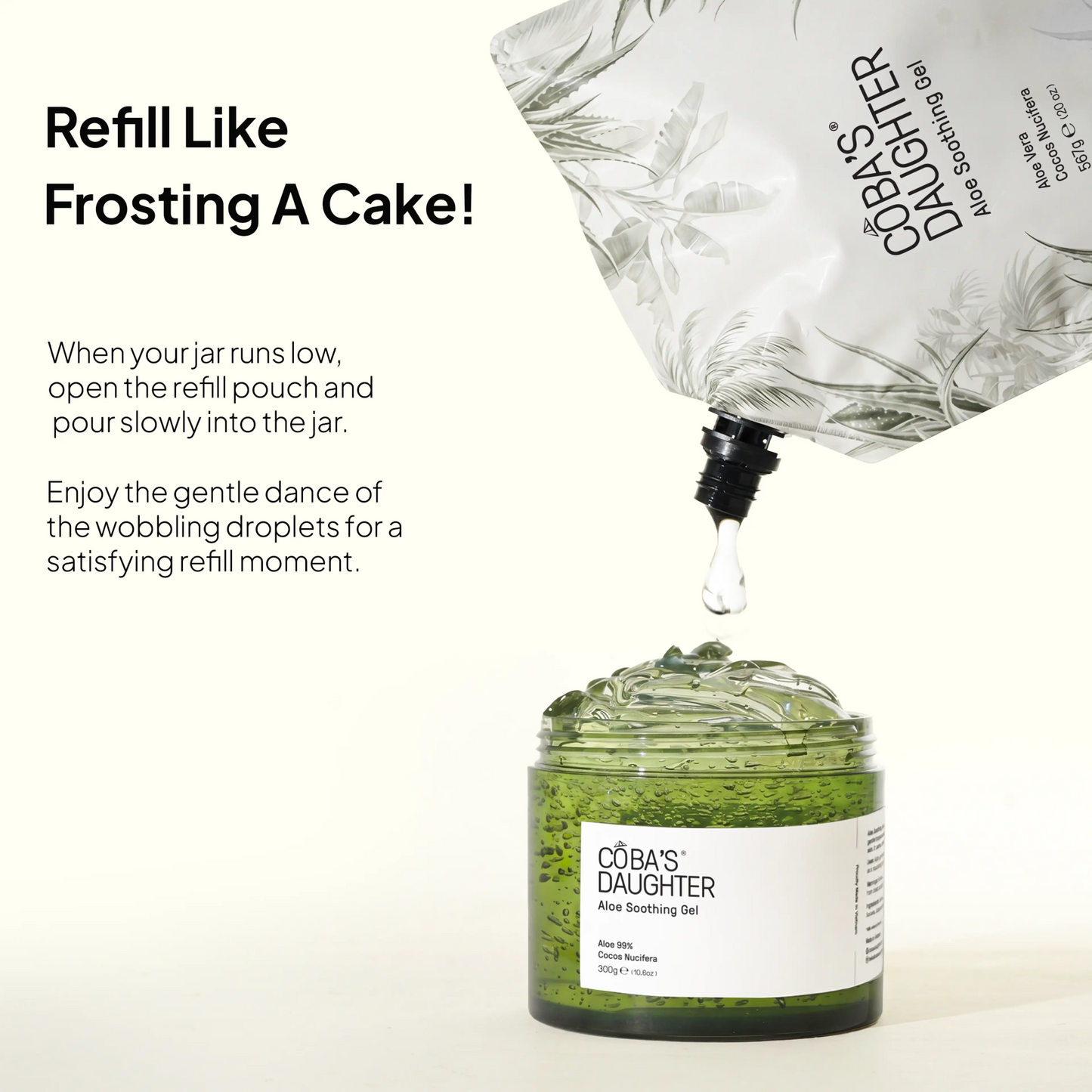 CoBa's Daughter aloe gel jar with aloe  refill pouch and text on a white background