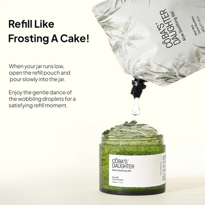 CoBa's Daughter aloe gel jar with aloe  refill pouch and text on a white background