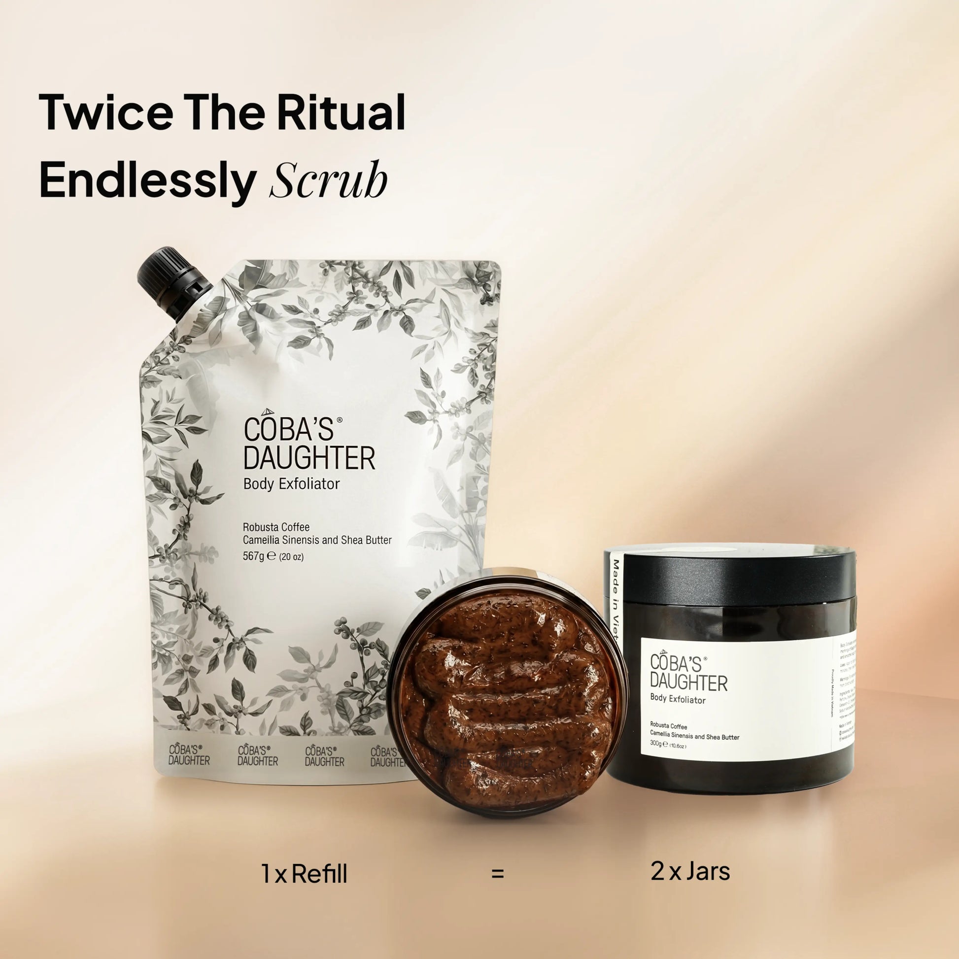 CoBa's Daughter body scrub refill products on a beige background