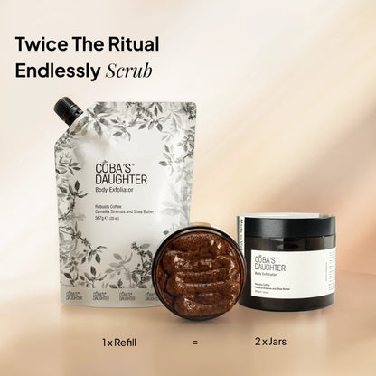 CoBa's Daughter body scrub refill products on a beige background