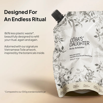 CoBa's Daughter body exfoliator packaging with botanical design and text about sustainability.