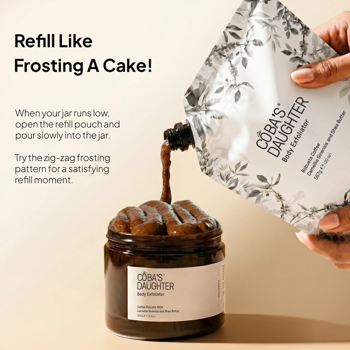 Body exfoliator with refill pouch being poured into jar on beige background