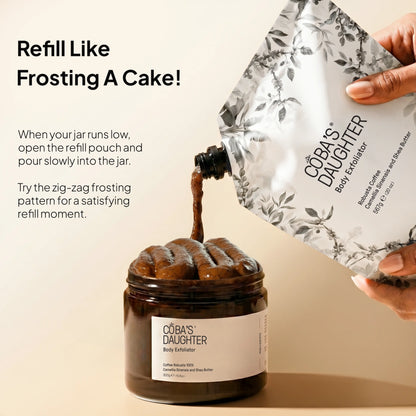 Body exfoliator with refill pouch being poured into jar on beige background