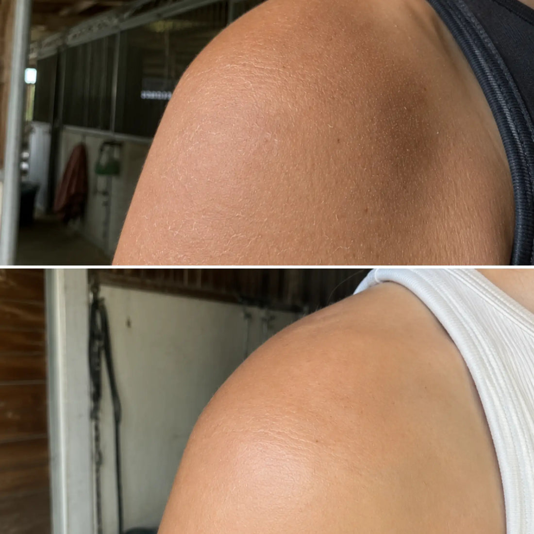 The comparison of an equestrian's dry skin before and after use CoBa's Daughter Coffee Exfoliator in 6 weeks. Setting in a horse barn.