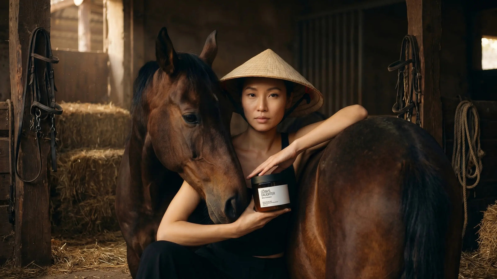 Woman holding a jar of CoBa's Daughter scrub wearing Nón Lá next to a horse in a barn setting