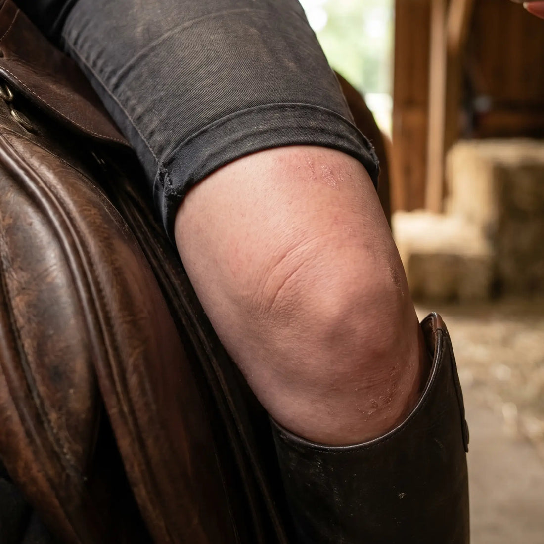 An equestrian's close-up of saddle sores and frictions before using CoBa's Daughter Coffee Exfoliator