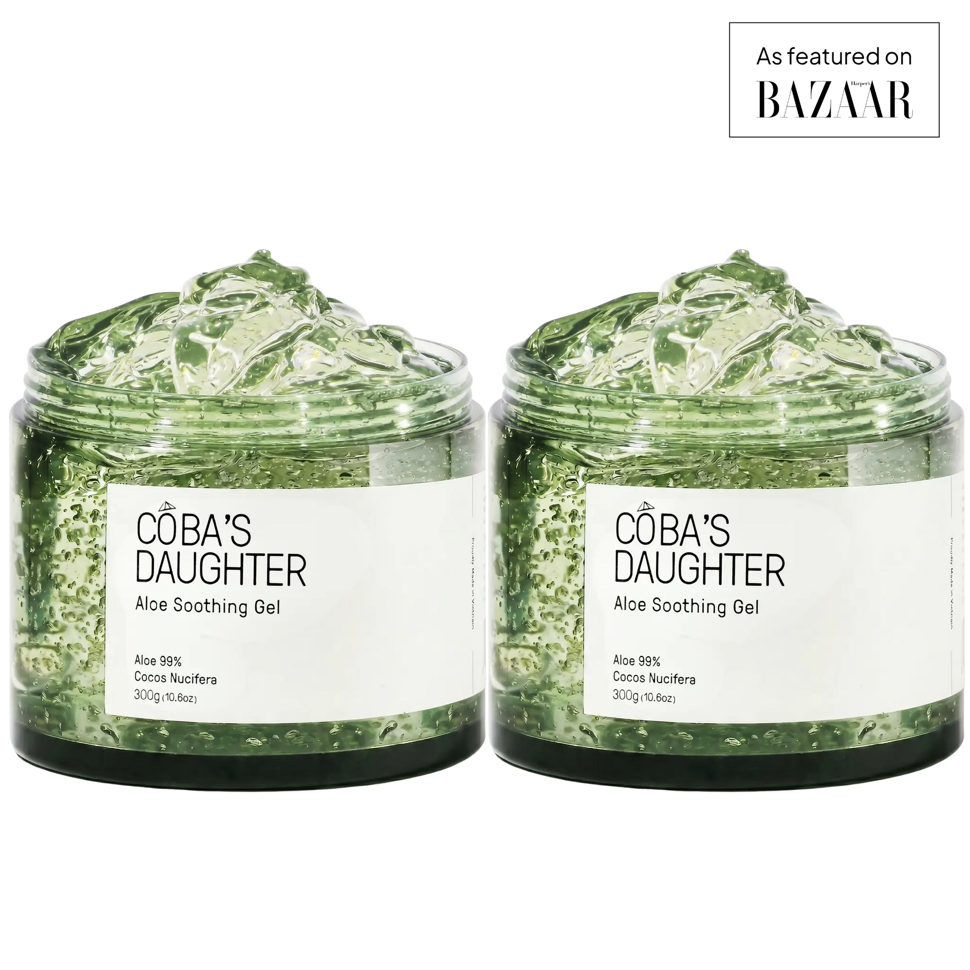Two jars of CoBa's Daughter Aloe Soothing Gel on a white background with 'Bazaar' branding.