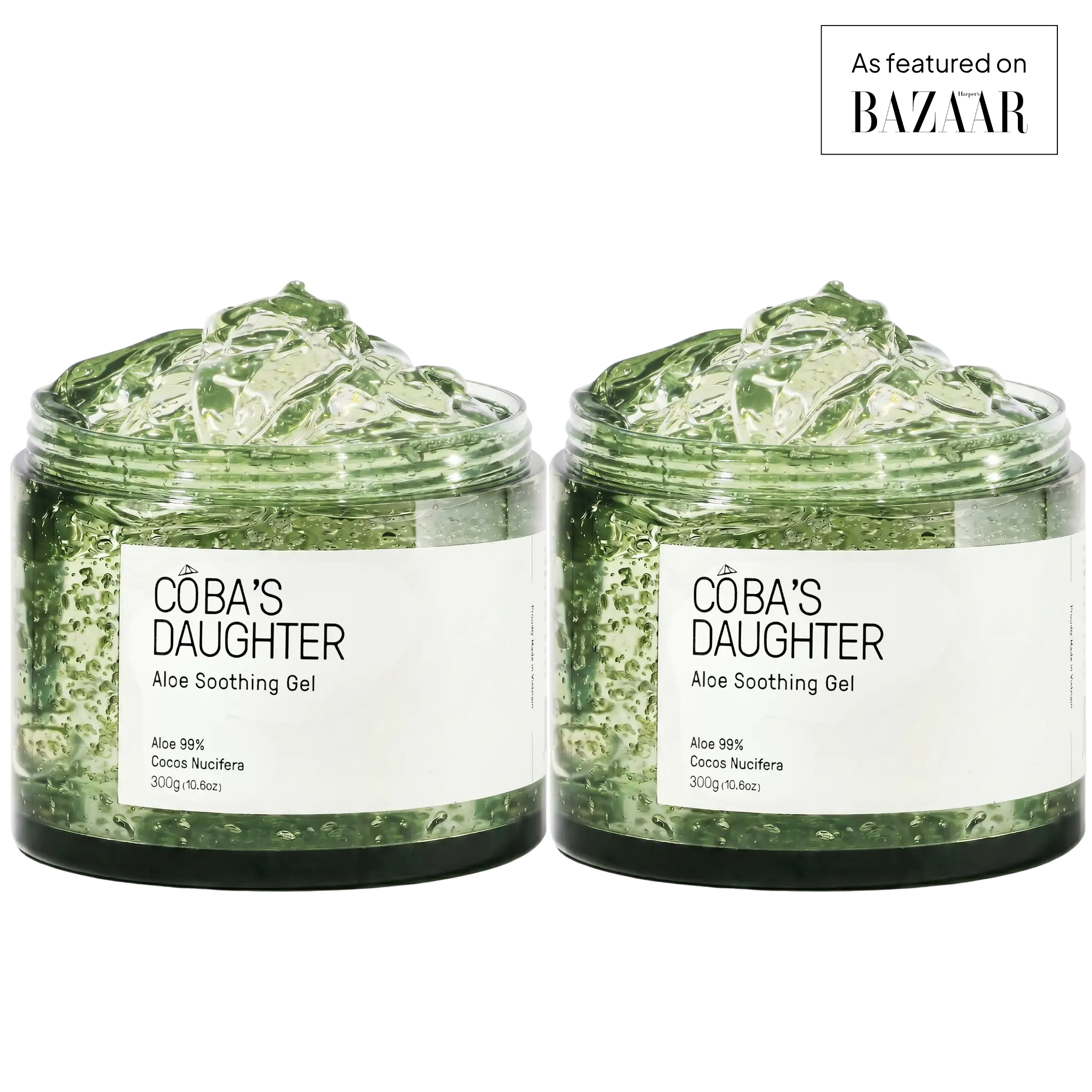 Two jars of CoBa's Daughter Aloe Soothing Gel on a white background with 'Bazaar' branding.