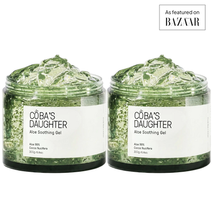 Two jars of CoBa's Daughter Aloe Soothing Gel on a white background with 'Bazaar' branding.
