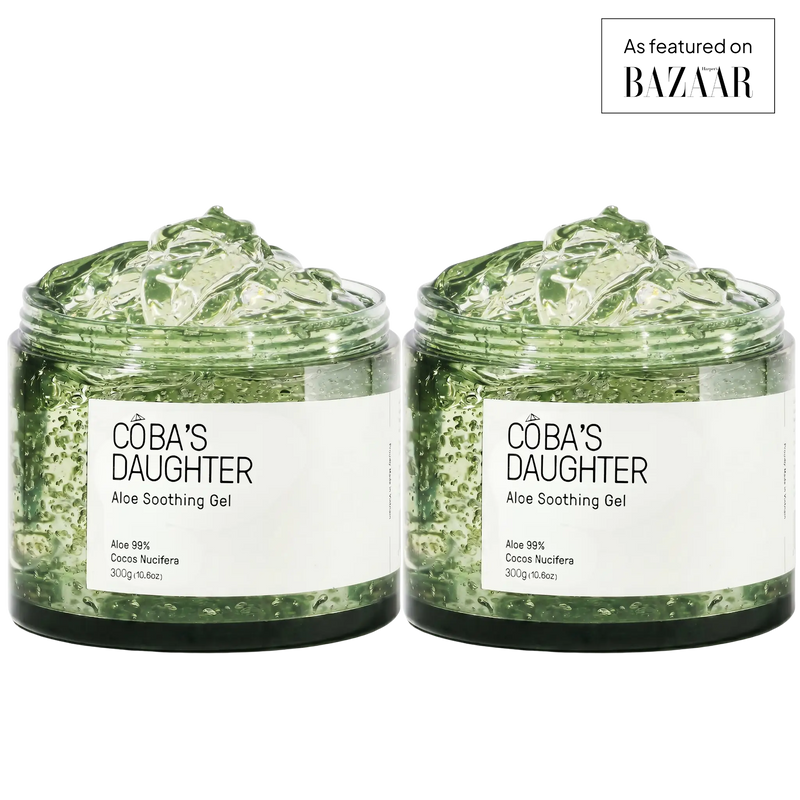Two jars of CoBa's Daughter Aloe Soothing Gel on a white background with 'Bazaar' branding.