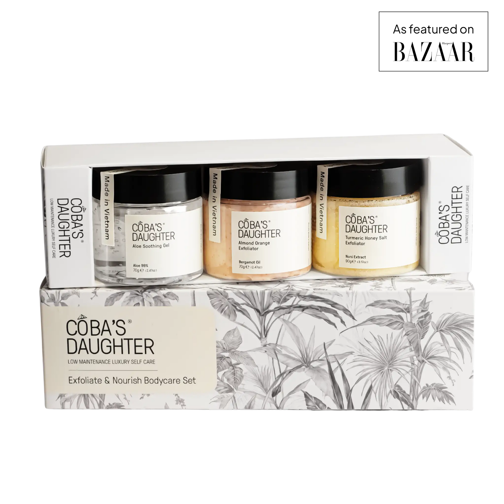 CoBa's Daughter Exfoliate and Nourish 3-Piece Gift Set as featured on Bazaar — Aloe Gel, Almond Orange Scrub, and Turmeric Honey Salt Exfoliator in gift box