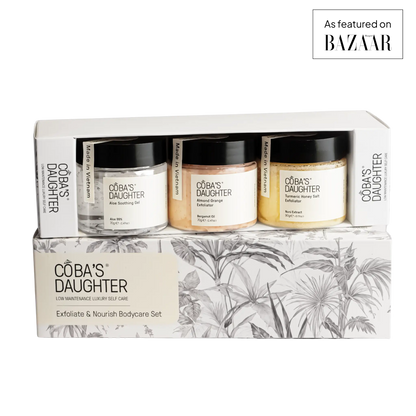 CoBa's Daughter Exfoliate and Nourish 3-Piece Gift Set as featured on Bazaar — Aloe Gel, Almond Orange Scrub, and Turmeric Honey Salt Exfoliator in gift box