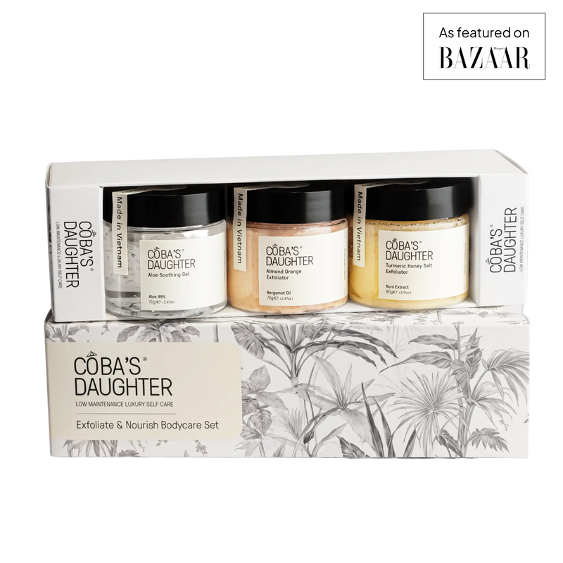 CoBa's Daughter Exfoliate and Nourish 3-Piece Gift Set as featured on Bazaar — Aloe Gel, Almond Orange Scrub, and Turmeric Honey Salt Exfoliator in gift box