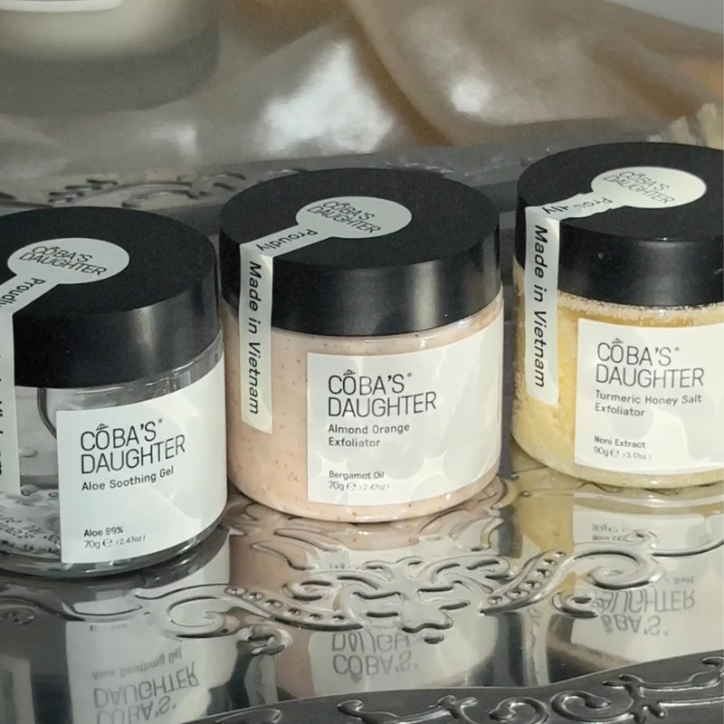 CoBa's Daughter 3-Piece Gift Set with Aloe Soothing Gel, Almond Orange Exfoliator, and Turmeric Honey Salt Exfoliator jars