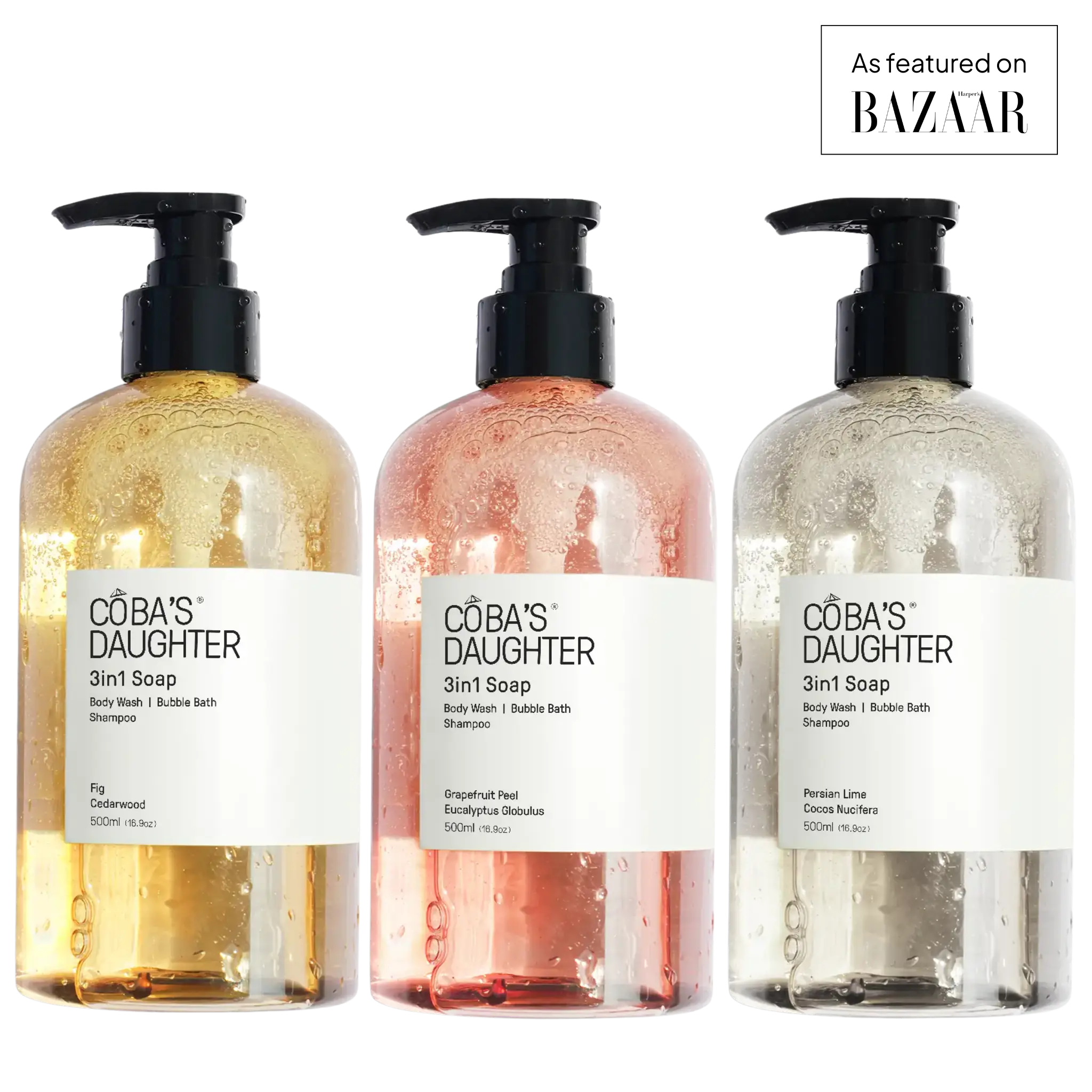 CoBa's Daughter 3in1 Body Wash in Fig & Cedarwood, Grapefruit Peel & Eucalyptus, and Persian Lime & Cocos Nucifera - As featured on BAZAAR 