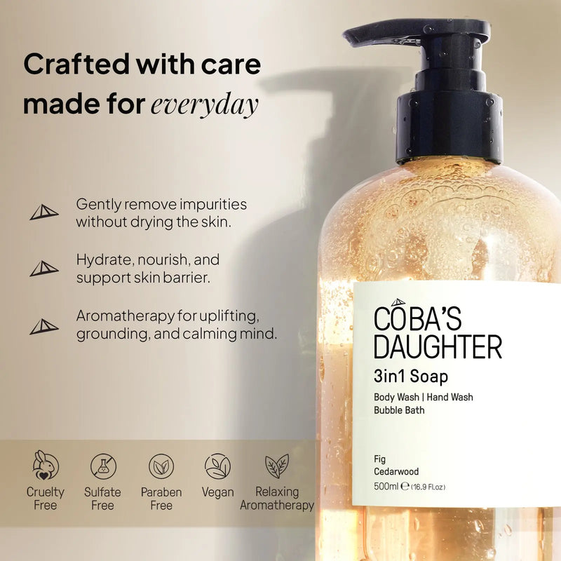 CoBa's Daughter 3in1 Soap Body Wash Hand Wash Bubble Bath Fig Cedarwood - Crafted with care made for everyday - Cruelty Free Sulfate Free Paraben Free Vegan Relaxing Aromatherapy