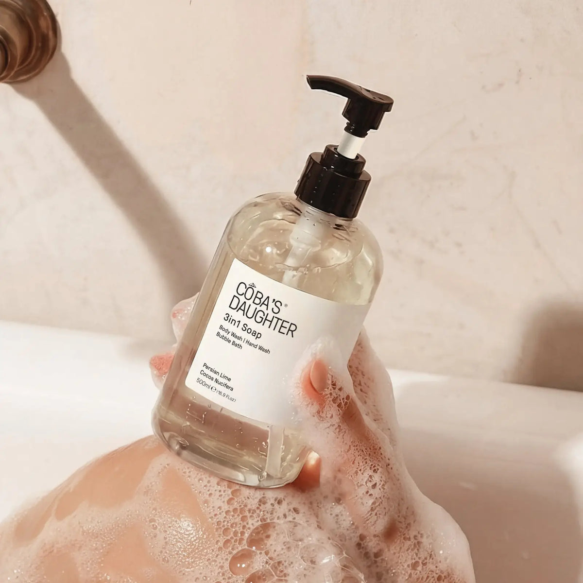 CoBa's Daughter 3in1 Persian Lime and Cocos Nucifera Body Wash creating rich foam in bathtub for gentle cleansing
