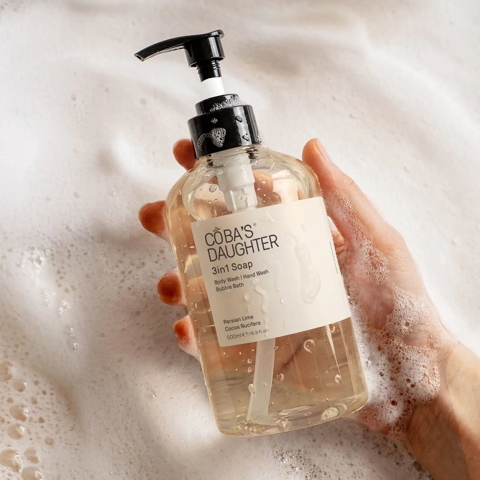 Using CoBa's Daughter 3in1 Persian Lime and Cocos Nucifera Body Wash in bubble bath with foamy hands