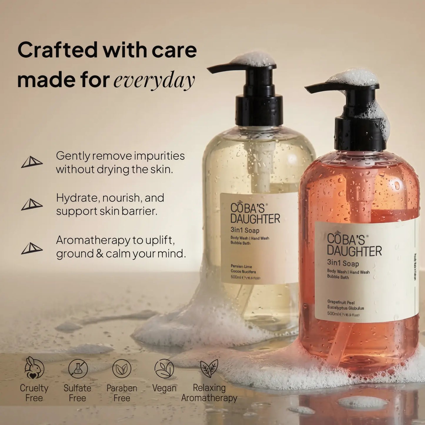 Two bottles of CoBa's Daughter 3-in-1 Soap on a textured surface with product details.