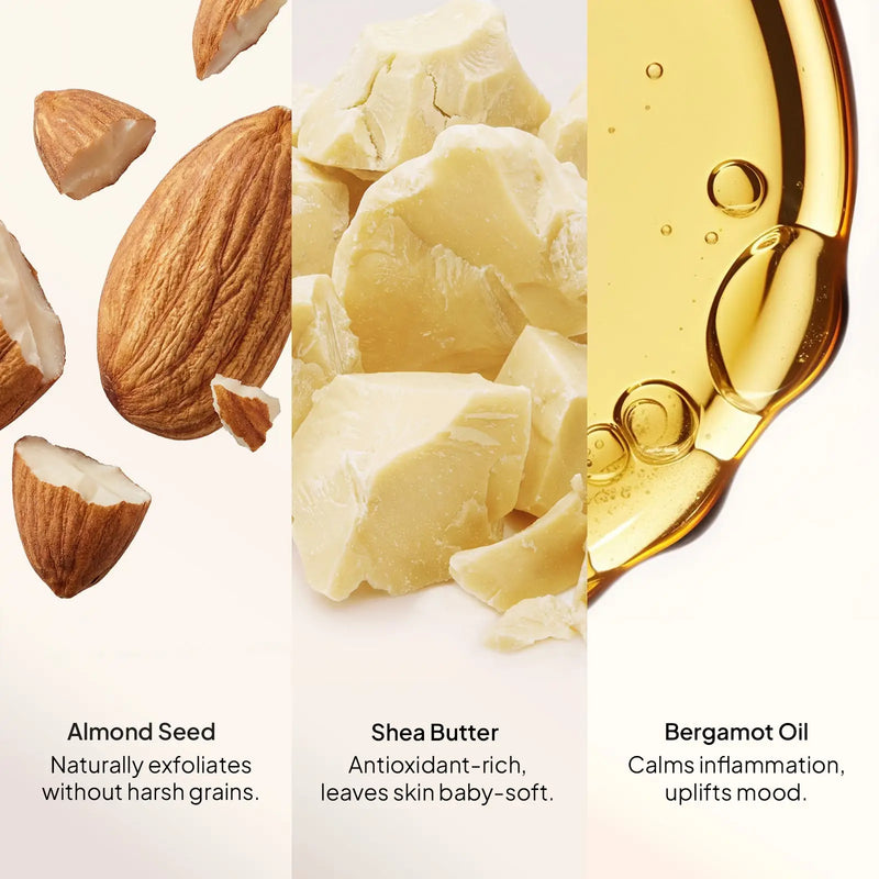CoBa's Daughter Almond Orange Exfoliator ingredients - Almond Seed naturally exfoliates, Shea Butter leaves skin baby-soft, Bergamot Oil calms inflammation