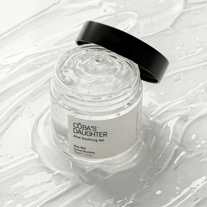 CoBa's Daughter Aloe Soothing Gel open jar showing clear translucent gel texture with 99% aloe vera and coconut oil