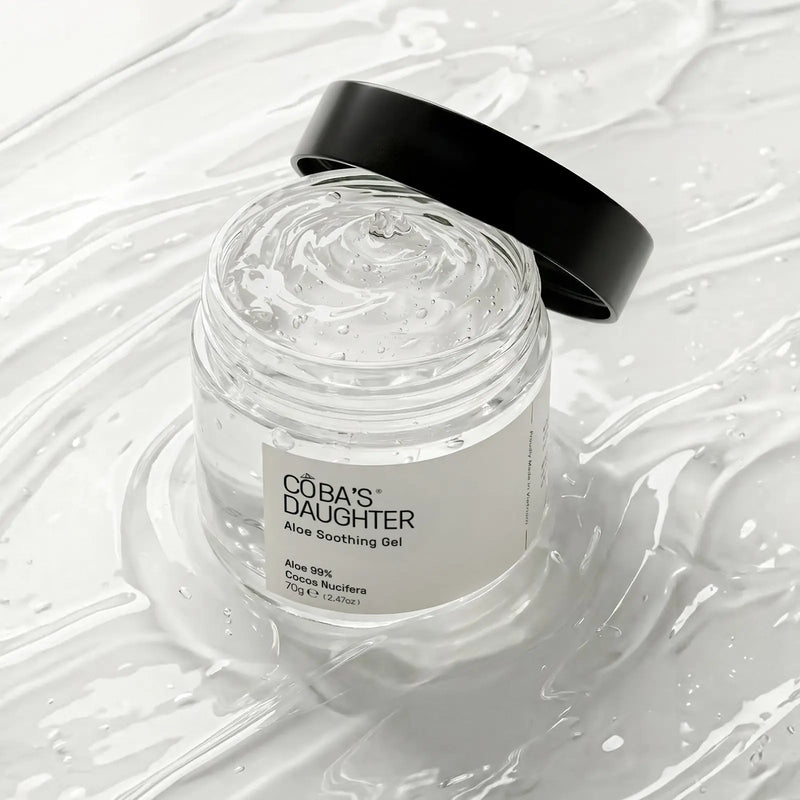 CoBa's Daughter Aloe Soothing Gel open jar showing clear translucent gel texture with 99% aloe vera and coconut oil