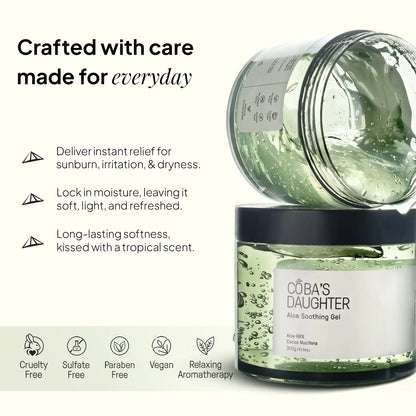 Two jars of Aloe Soothing Gel, an aloe vera gel crafted with care for everyday moisture and a light tropical scent