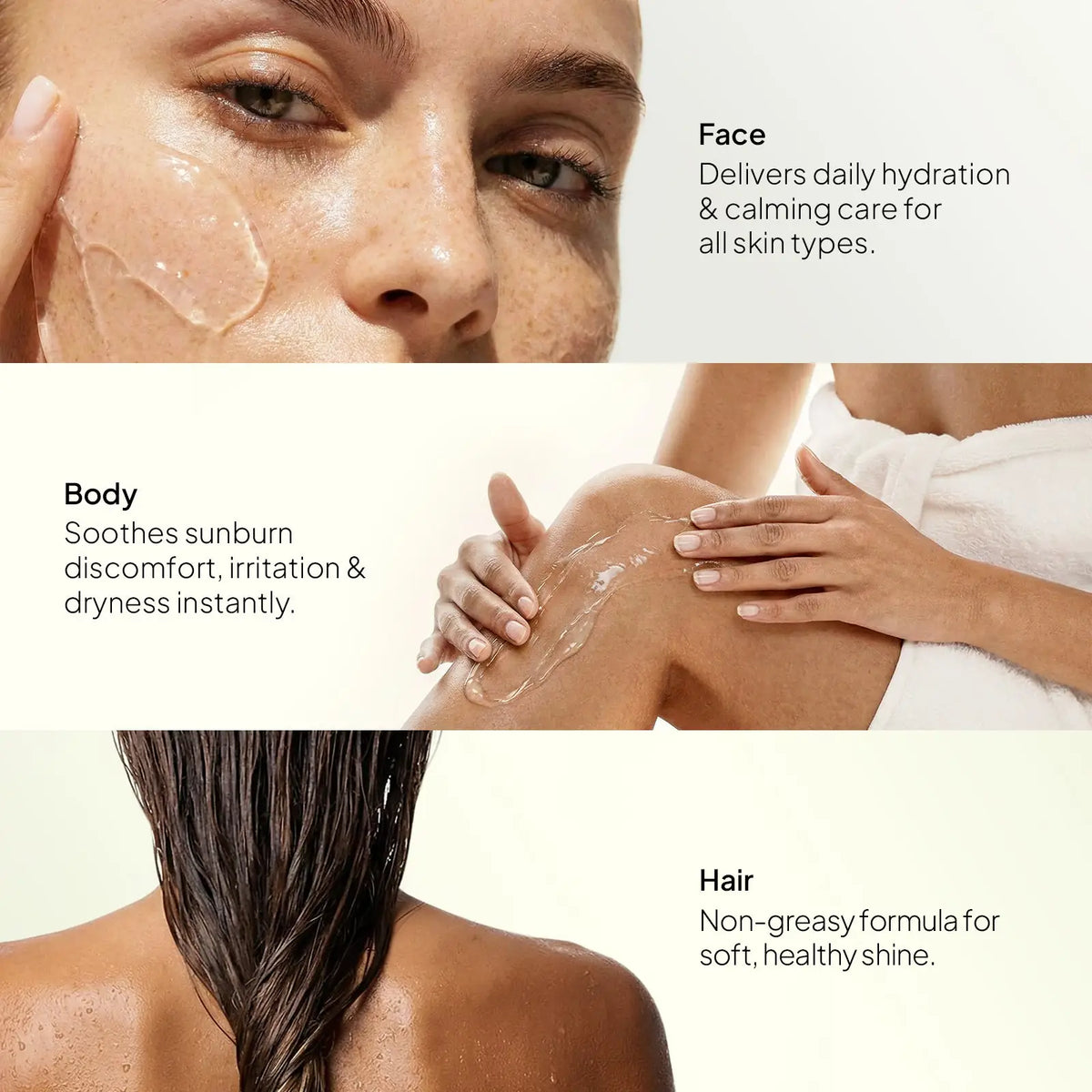 Aloe vera gel for face, body and hair: gel on a cheek, smoothed over a shoulder and worked into wet hair