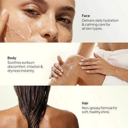 Aloe vera gel for face, body and hair: gel on a cheek, smoothed over a shoulder and worked into wet hair