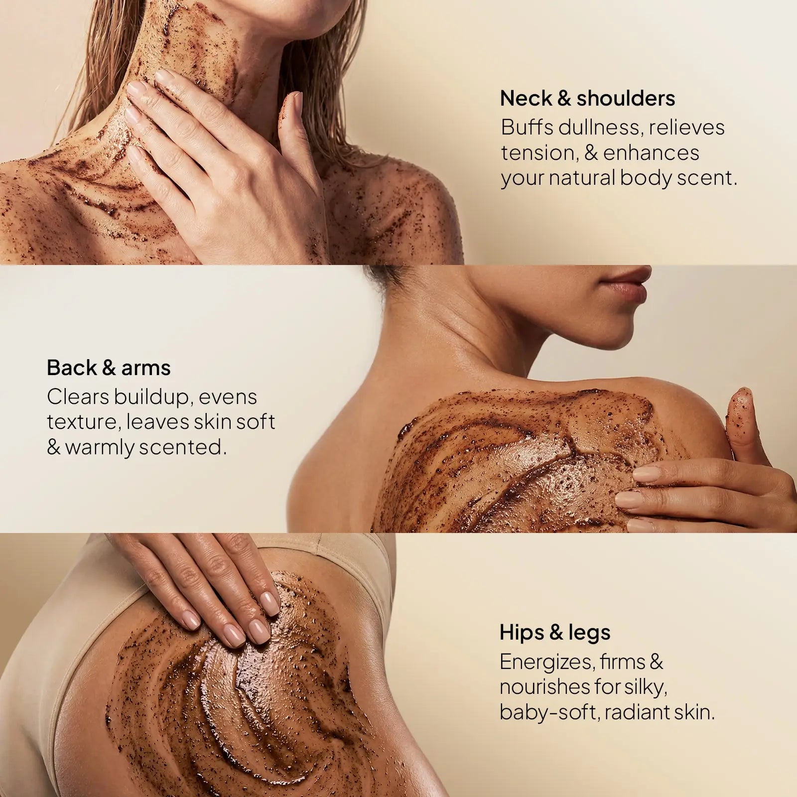 CoBa's Daughter Coffee Body Scrub application guide showing benefits for neck shoulders back arms hips legs