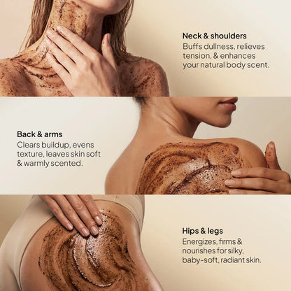 CoBa's Daughter Coffee Body Scrub application guide showing benefits for neck shoulders back arms hips legs
