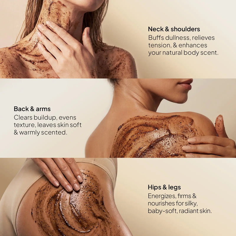 CoBa's Daughter Coffee Body Scrub application guide showing benefits for neck shoulders back arms hips legs