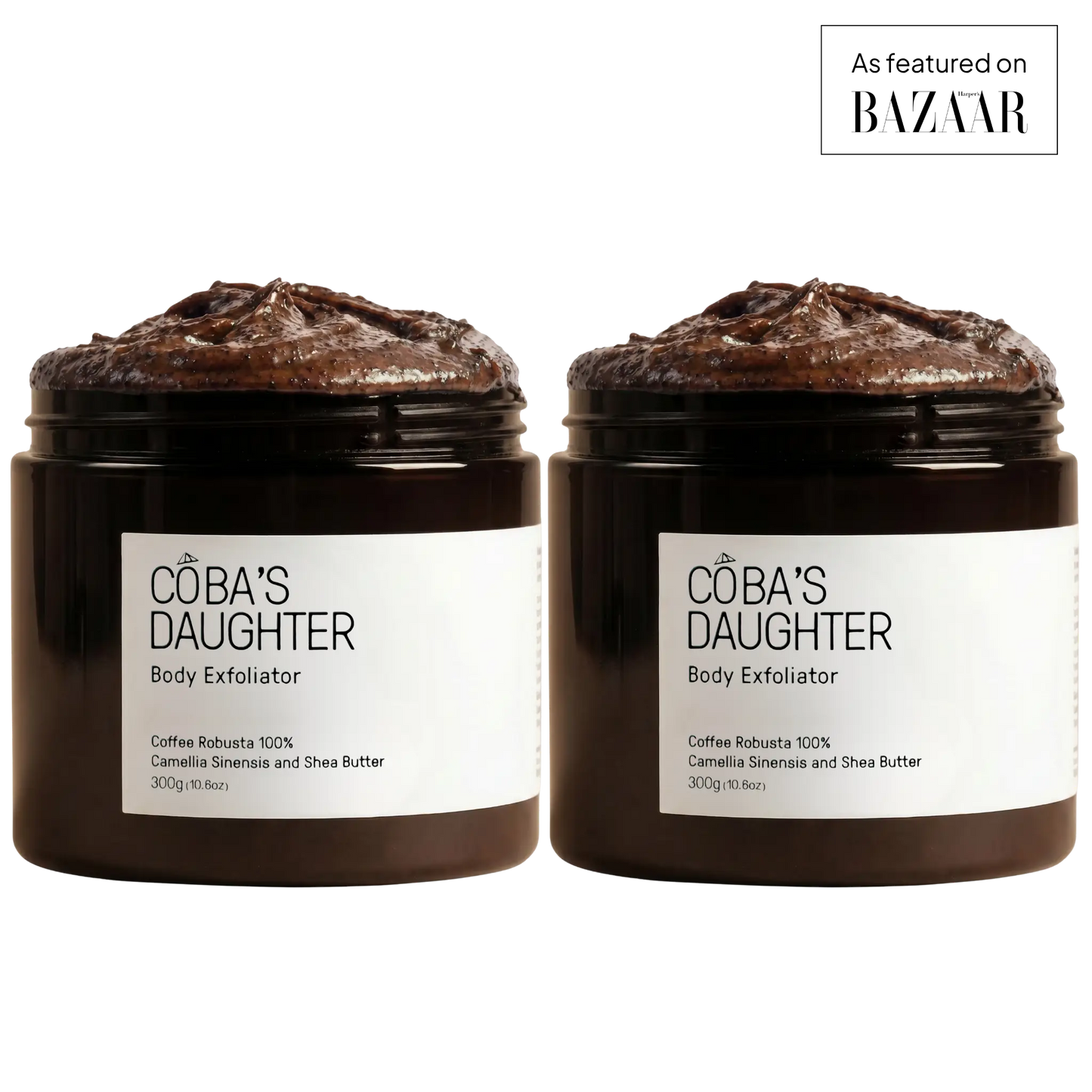 Two jars of CoBa's Daughter Body Exfoliator on a with 'Bazaar' branding.