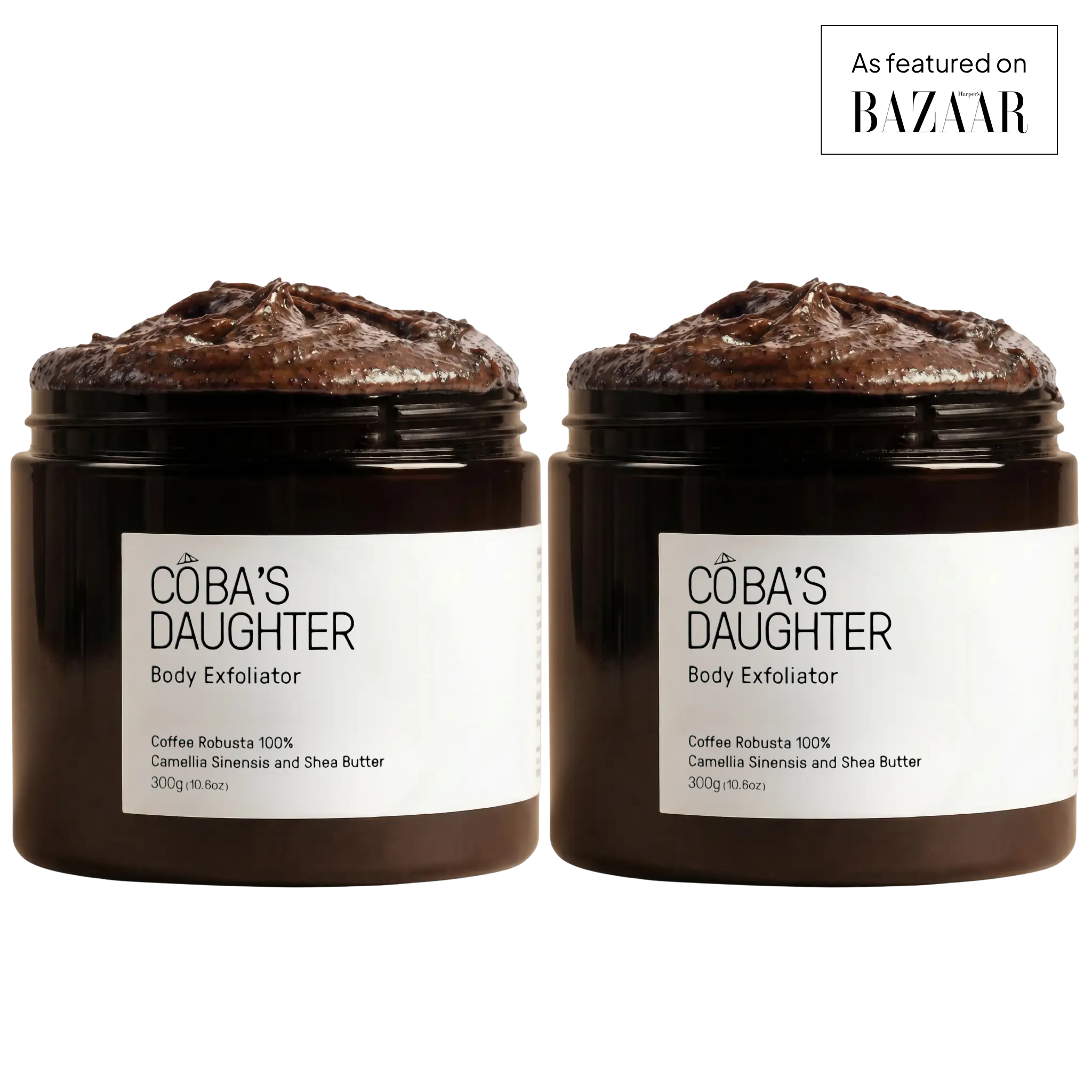 Two jars of CoBa's Daughter Body Exfoliator on a with 'Bazaar' branding.