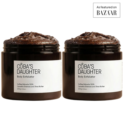 Two jars of CoBa's Daughter Body Exfoliator on a with 'Bazaar' branding.