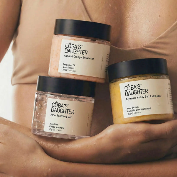 CoBa's Daughter Mini Gift Set for exfoliation and nourishment. Two scrubs and one aloe gel for a complete body care ritual.