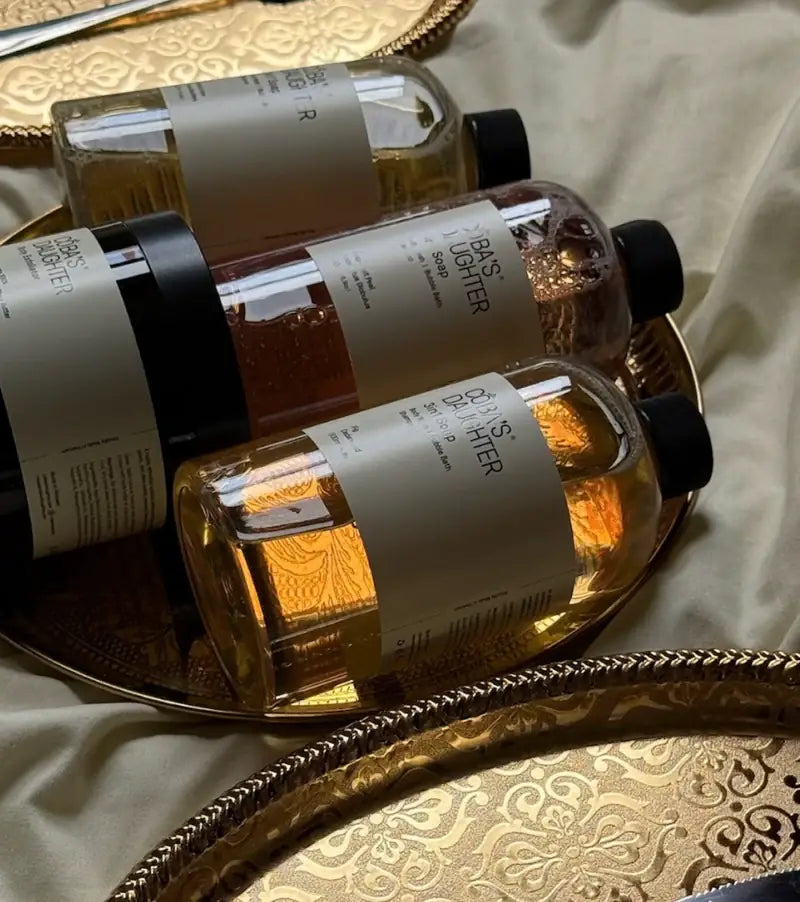 CoBa's Daughter 3in1 Body Wash collection in Fig & Cedarwood, Lime & Coconut, and Grapefruit Peel & Eucalyptus on ornate golden tray