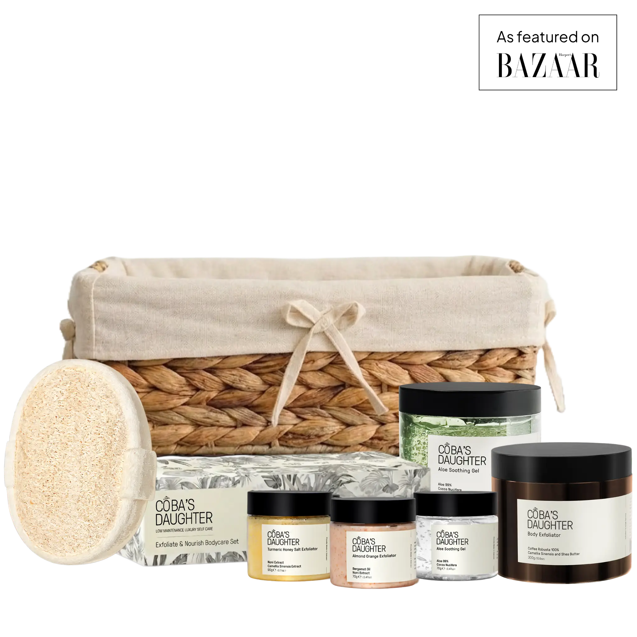 CoBa's Daughter products in a handwoven water hyacinth basket. Gift for Mother's Day