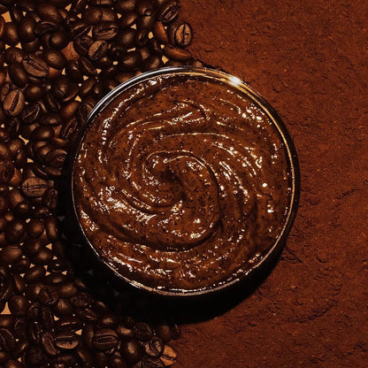 Close-up of coffee beans and the yummy texture of the Coffee Scrub from CoBa's Daughter