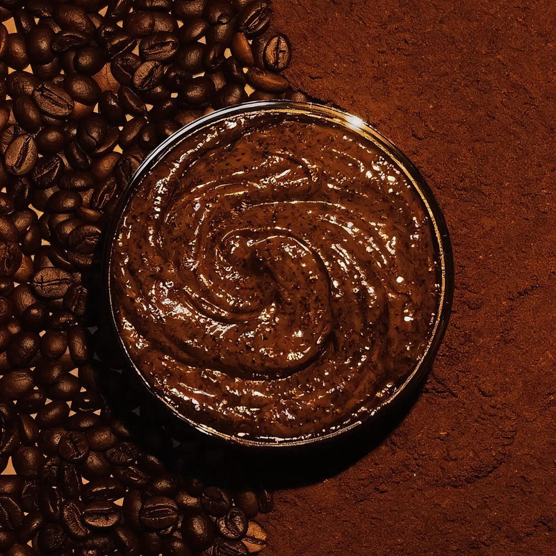 Close-up of coffee beans and the yummy texture of the Coffee Scrub from CoBa's Daughter