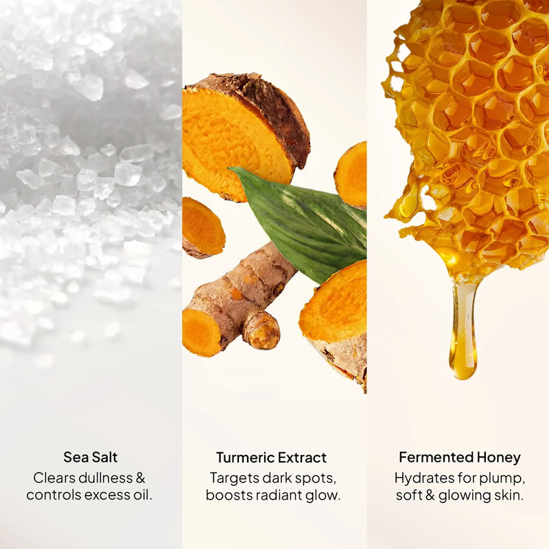 CoBa's Daughter Turmeric Honey Salt Exfoliator ingredients - Sea Salt clears dullness and controls excess oil, Turmeric Extract targets dark spots and boosts radiant glow, Fermented Honey hydrates for plump soft and glowing skin