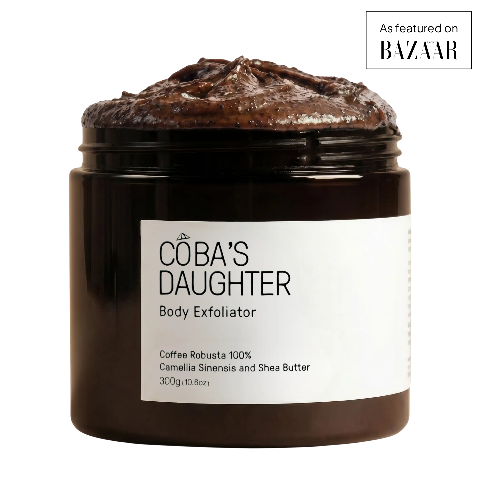 Jar of Coba's Daughter Body Exfoliator with visible Harper Bazaar branding