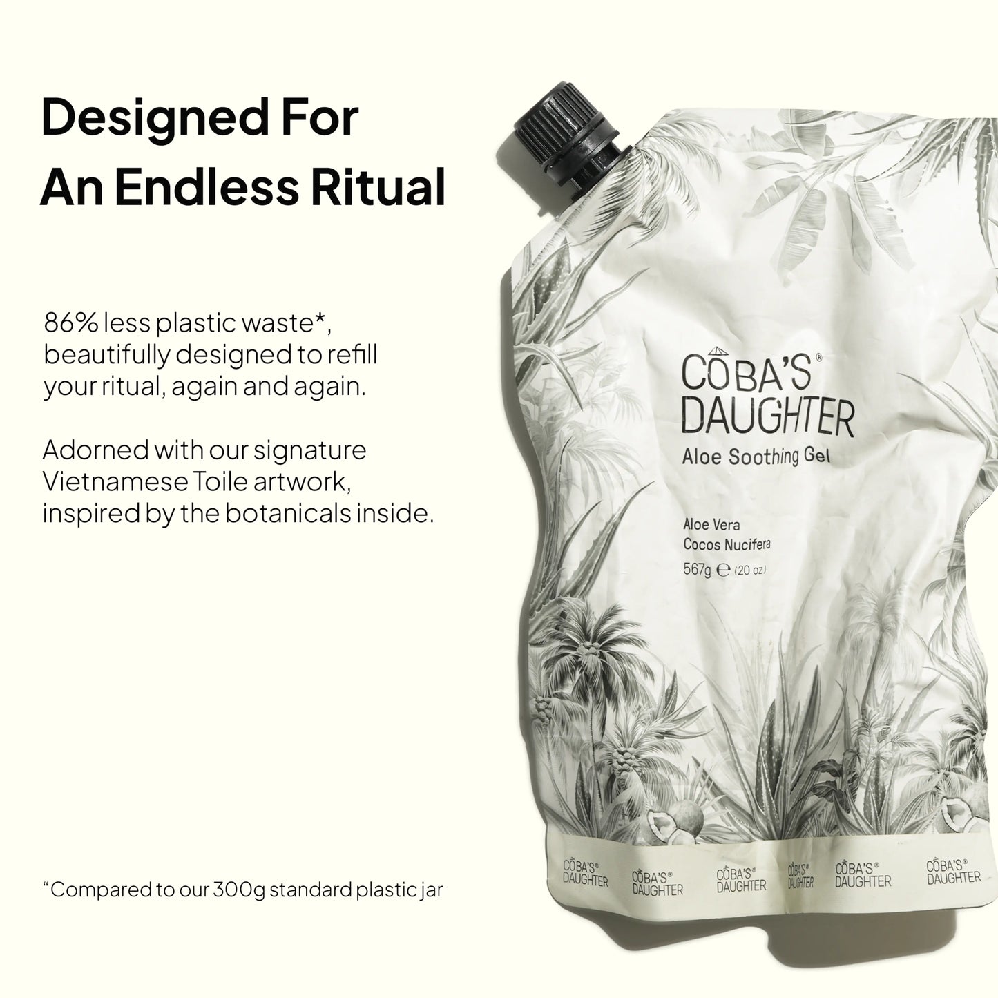 CoBa's Daughter aloe soothing gel packaging with botanical design and text about sustainability.