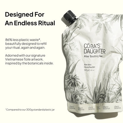 CoBa's Daughter aloe soothing gel packaging with botanical design and text about sustainability.